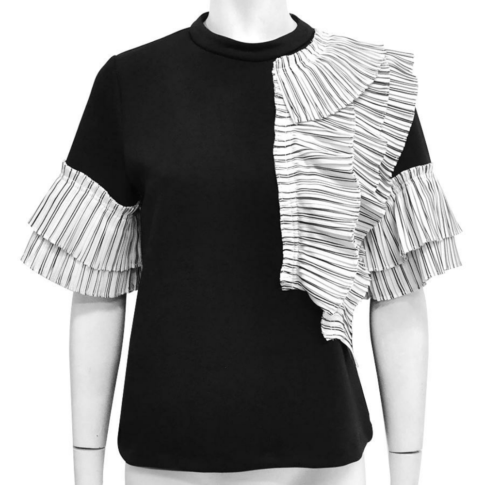 Gracia Striped Pleated Sleeve Top